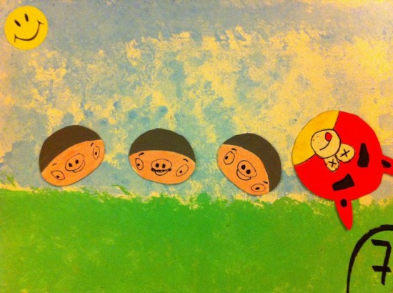 "The big bad wolf fell into a pot and the 3 little pigs lived happily ever after"