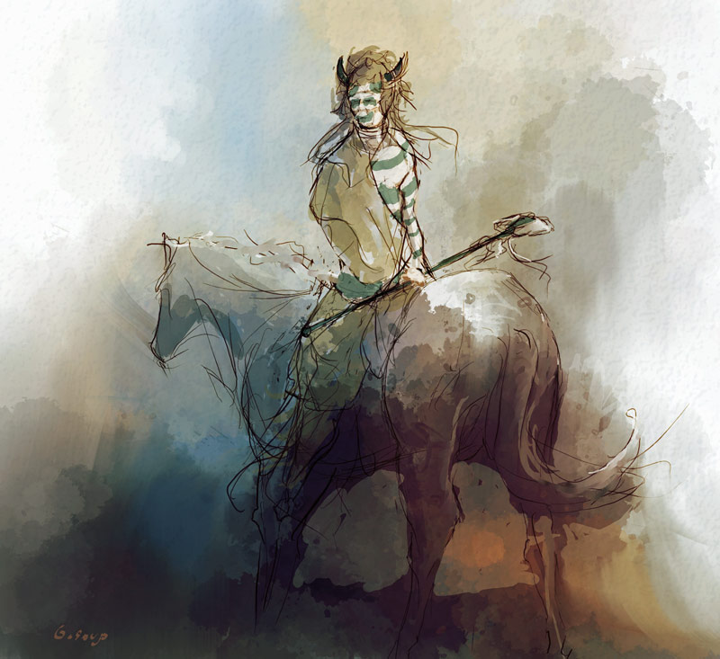 Un Haokah de la cultura sioux sentado al revés encima de un caballo